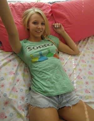 Cute blonde teen snaps self shots of her bare boobs in cutoff jean shorts