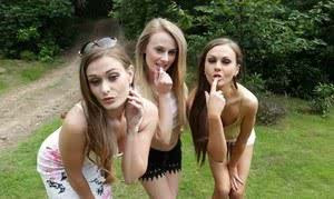 Lucky fella receives a triple blowjob in public from insatiable teenage babes