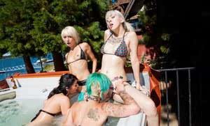 Drunk chicks with tattoos have all girl lesbian orgy in swimming pool