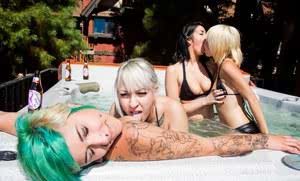 Drunk chicks with tattoos have all girl lesbian orgy in swimming pool