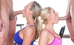 Ashley Fires  Brandi Love give back to back blowjobs in yoga wear