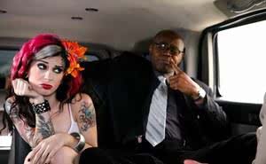 Tattooed alternative girl Joanna Angel banging black and white dudes in limo
