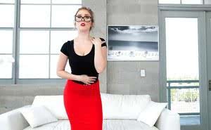 Fully clothed model Lena Paul showing off great legs in skirt and glasses