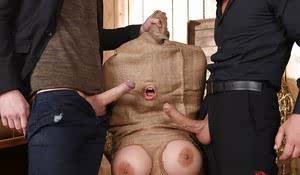 Asian BDSM lady Tigerr Benson is put inside a sack and deepthroated