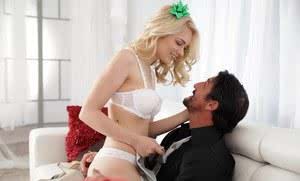 Hot blonde girlfriend gives her man the gift of a sizzling FFM 3some for Xmas