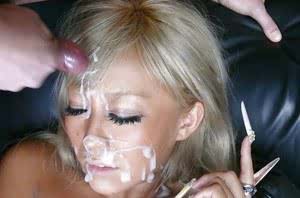 Blonde Jap chick Rina Aina taking jizz on face during bukkake session