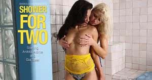 Lesbian Anikka Albrite and wet girlfriend lick and finger twats in shower