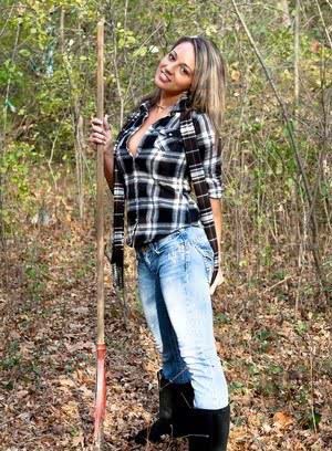 Solo girl Nikki Sims strips to a long scarf and her boots out in the woods