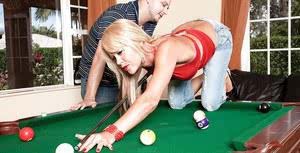 Sexy blonde in jeans Jenny Hamilton stripping and sucking on the pool table