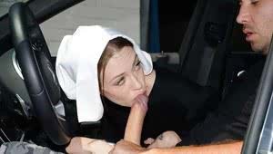 Slutty teenage nun Alexa Nova giving blowjob to massive penis