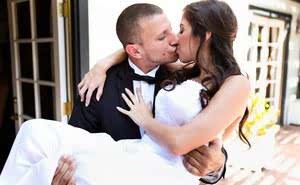 Clothed Latina April Oneil kissing outdoors before wedding night fuck