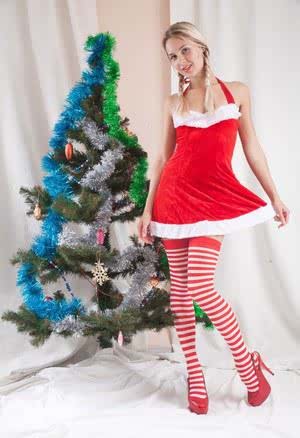 Young Alecia Fox in pigtails showing tiny titties  toying by the Xmas tree