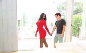 Ebony dime in a tight red dress invites a guy to bang her big booty