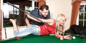 Sexy blonde in jeans Jenny Hamilton stripping and sucking on the pool table