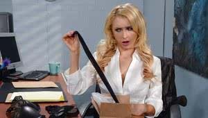 Blonde secretary Alix Lynx undressing in slow striptease at work