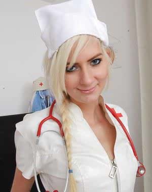 Simone has her new nurse uniform so she shows her pussy close up