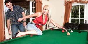 Sexy blonde in jeans Jenny Hamilton stripping and sucking on the pool table