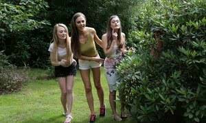 Three hotties please a horny voyeur by the side of a private lake