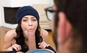 Hit ass girl in beanie and denim shorts gives POV blowjob for dripping facial