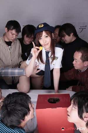 Japanese police force slut flashes naked upskirt before bad guy gangbang