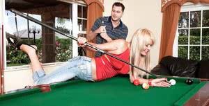 Sexy blonde in jeans Jenny Hamilton stripping and sucking on the pool table