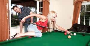 Sexy blonde in jeans Jenny Hamilton stripping and sucking on the pool table