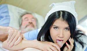 Dark haired nurse relieves her patient of his backed up jizz problem