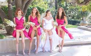 Lesbian girls in bridesmaids uniform flash hot ass in nude upskirt in the park