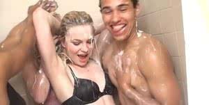 Nasty coeds have some hardcore fun with a well-hung guy in the shower
