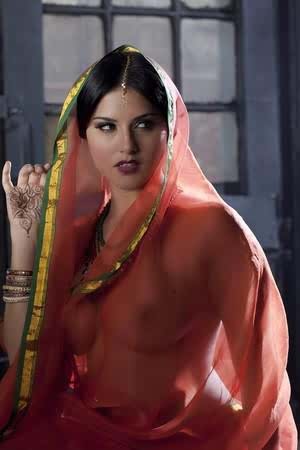 Busty solo girl Sunny Leone models solo in see thru Indian attire