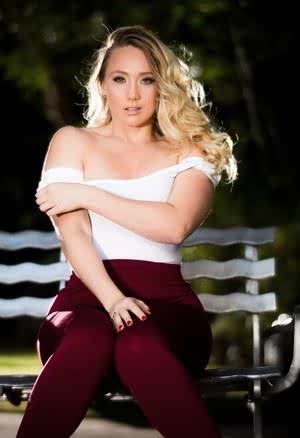 Blonde solo girl AJ Applegate rips off her leggings and onesie on the patio