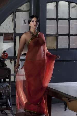 Busty solo girl Sunny Leone models solo in see thru Indian attire