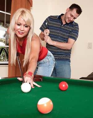 Sexy blonde in jeans Jenny Hamilton stripping and sucking on the pool table