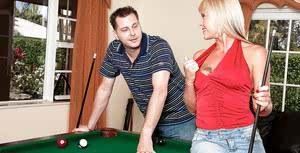 Sexy blonde in jeans Jenny Hamilton stripping and sucking on the pool table